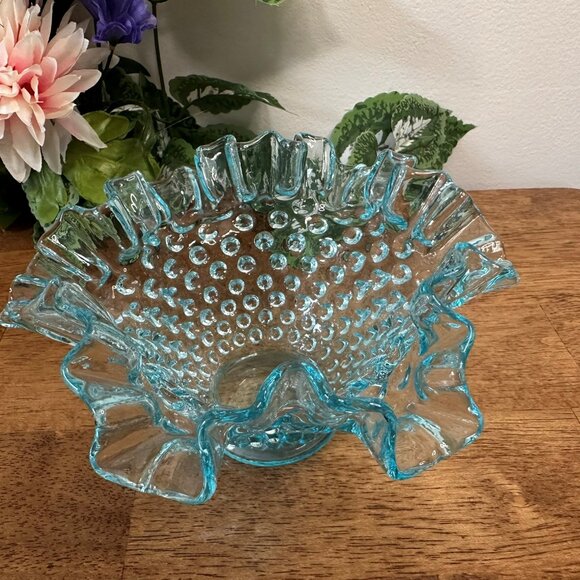 Fenton Hobnail Light Blue Glass Bowl‎ Vintage Ruffled Edge Candy Dish - Picture 2 of 5